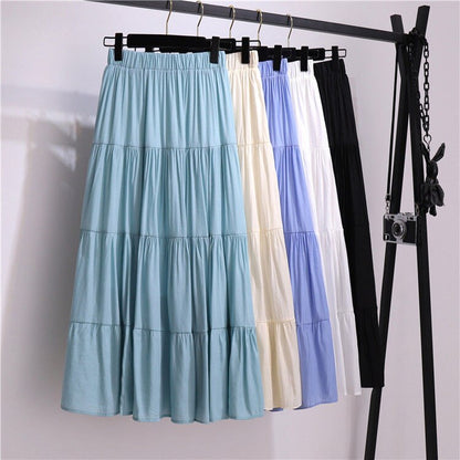 jinran Summer Stitching Cotton and Linen Skirt Elegant Elastic High Waist Ruffles Pleated All-match A Line Skirt Casual Beach Holiday