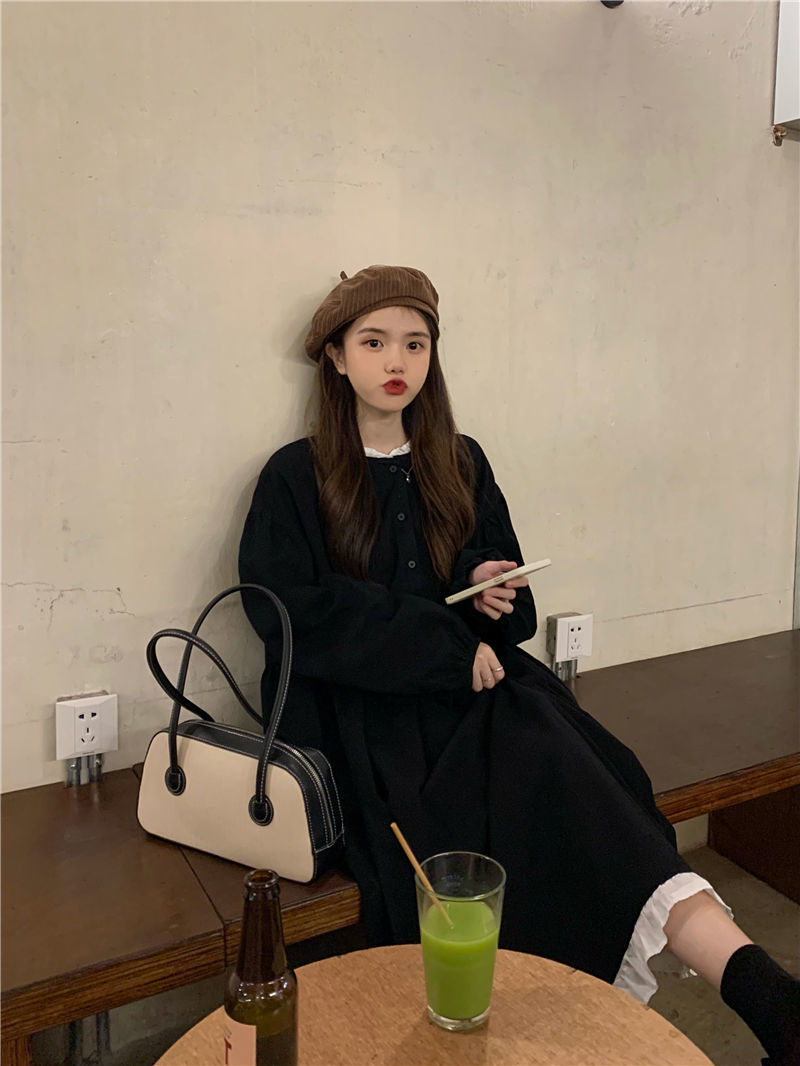 jinran Patchwork Dresses Women Loose Button Students Leisure Long Sleeve Mid-calf Ulzzang Hipster High Quality Females Daily Autumn New