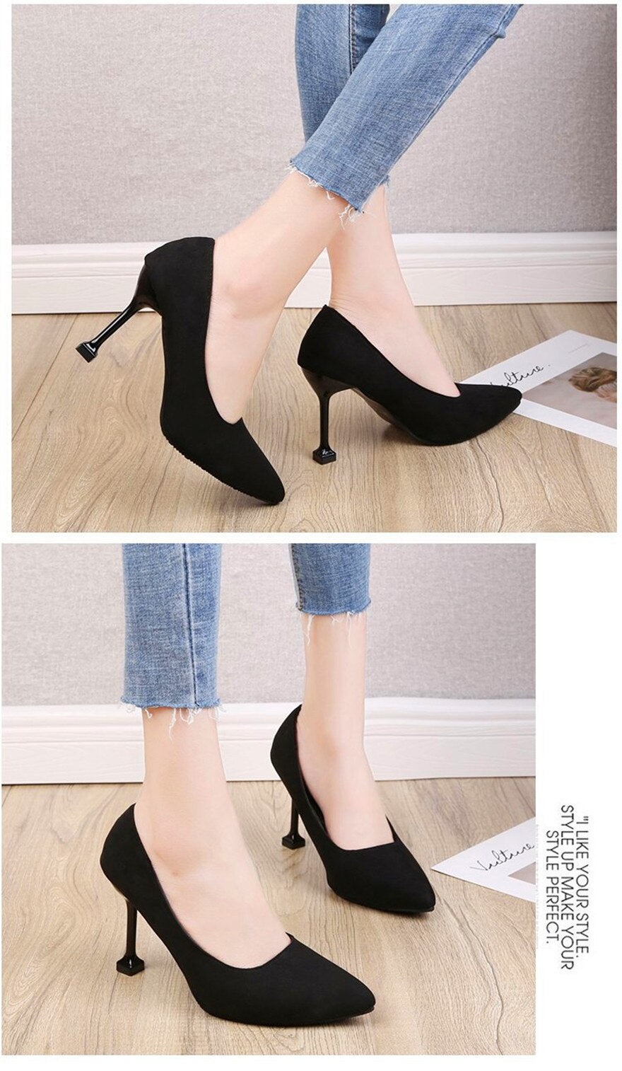 jinran 5/7/9cm Comfort High Heels Ladies Work Shoes New Autumn Black Flock Shallow Wild Women Pumps Pointy Toe Dress Office Shoes Woman