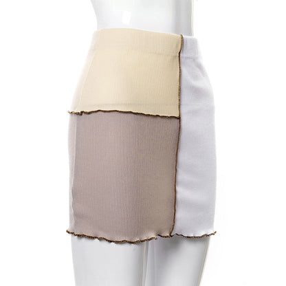 jinran Women Summer High Waist Hit Color Patchwork Mini Skirt Casual Ribbed Color Block Elegant Chic Slim Skirt Vintage Y2K Short Skirt