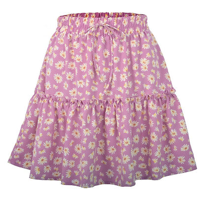 jinran Summer Boho Floral Print Mini Skirt Women Elegant Ruffles Short Skirts Elastics Waist Lace Up A-Line Skirts