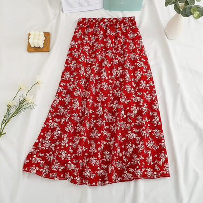 jinran Summer Long Skirts for Women Boho Elegant Floral Print Pleated A Line Skirt Korean Harajuku Chic Simple Midi Chiffon Skirts