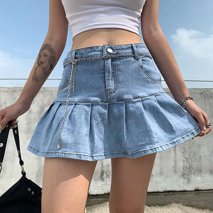 jinran Women High Waist Denim Skirt Women Summer Korean Harajuku Ruffles Jeans Skirt Shorts Punk Y2K Mini Pleated Skirt Streetwear