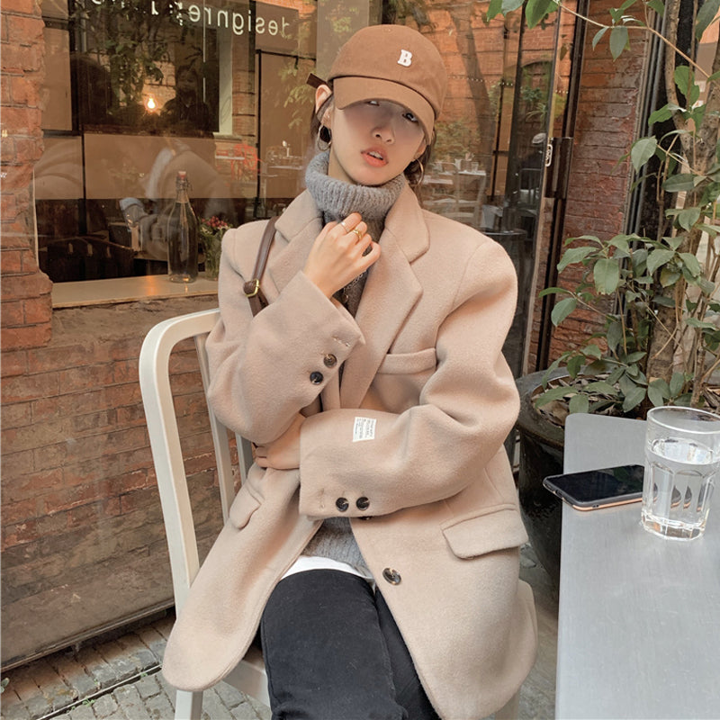 jinran Autumn Warm Wool Tailored Coats Women Loose Apricot Solid Suit Jackets Patchwork Long Sleeves Outwear Korean Fashion New