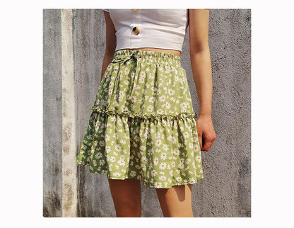 jinran Summer Boho Floral Print Mini Skirt Women Elegant Ruffles Short Skirts Elastics Waist Lace Up A-Line Skirts