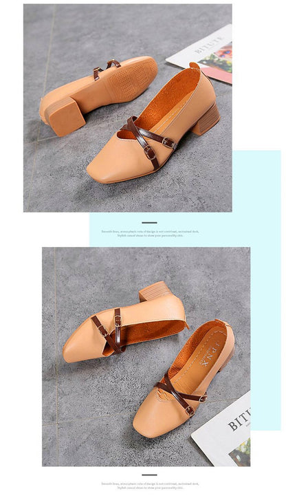 jinran Casual Women Shoes 2022 New Fashion Belt Buckle Shallow Woman Pumps Square Toe Soft Leather Med Heels Work Ladies Pregnant Shoes