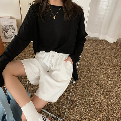 jinran Summer New Loose High Waist Slim Sports Shorts Women Korean Style Casual Wide-leg Short Female Drawstring Black Shorts OL