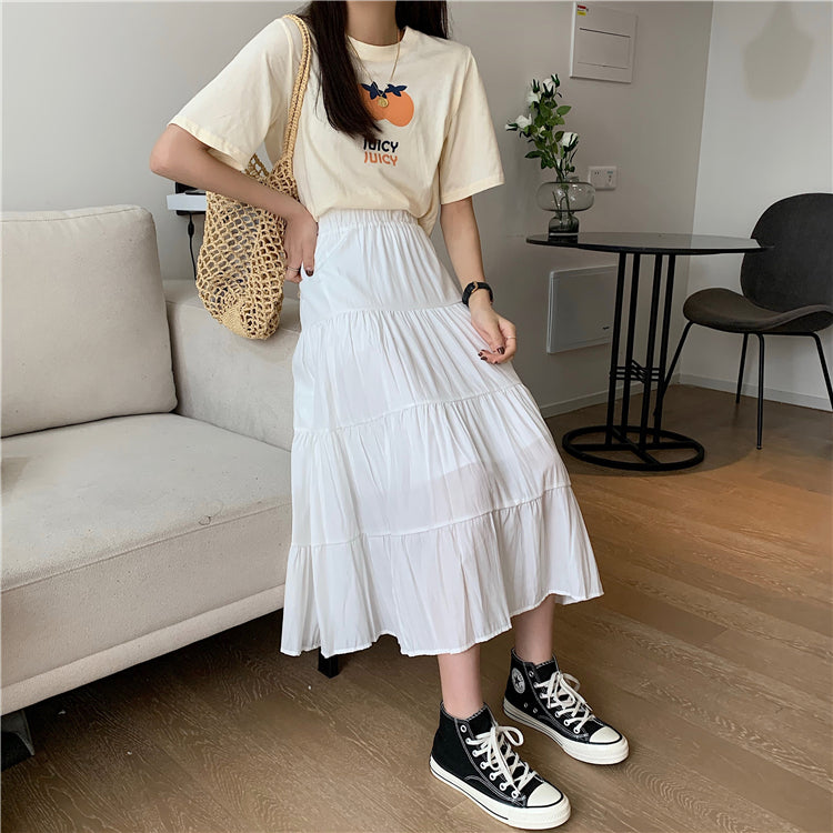 jinran Women High Waist Elegant Wild A Line Cake Skirts Summer Korean Solid White Black Chiffon Shirts Beach Vacation Midi Shirts