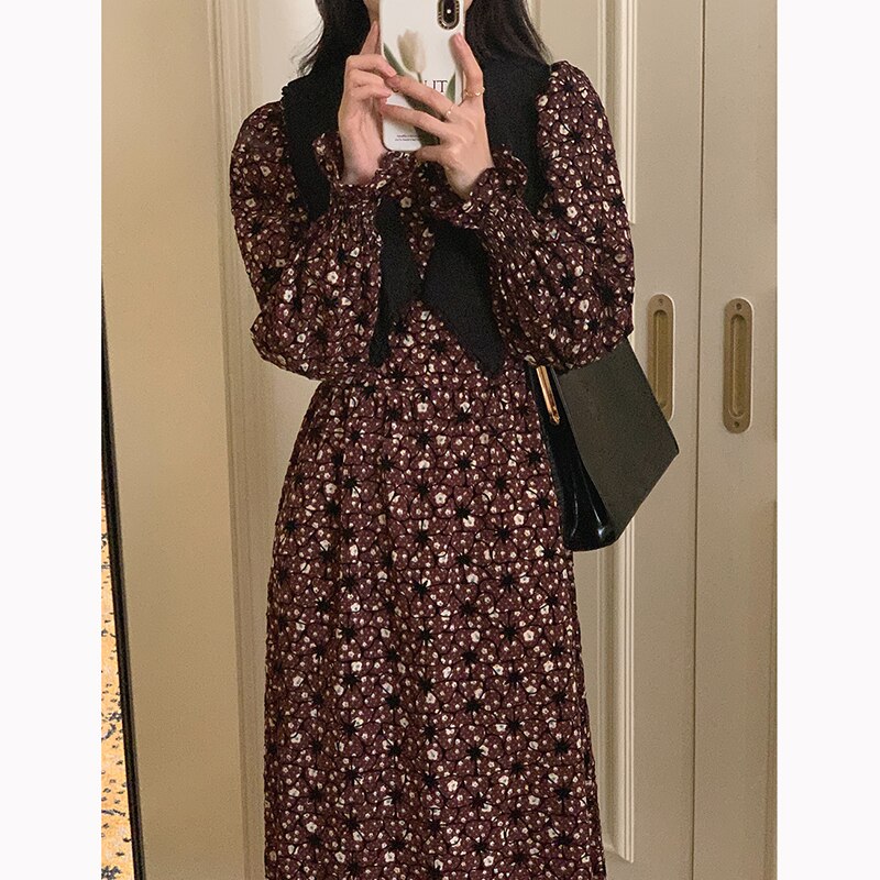 jinran 2022 New Floral Chiffon Dresses Women Spring Loose Elegant Doll Collar Dress Female Korean Sweet Puff Sleeve Dresses