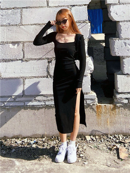 jinran Women Long Sleeve Dress Mid-calf Length Square Collar Black Sheath Retro Slim Sexy Vintage Side Slit Stretchy All-match Simple