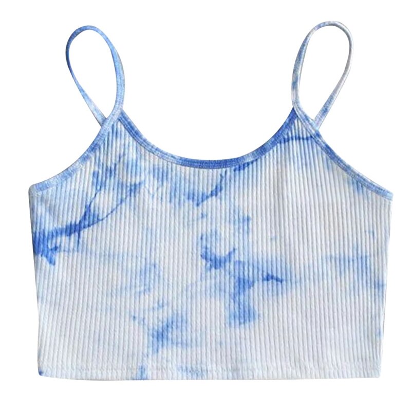 jinran Summer Sexy Camis Top Women Sleeveless Tie-Dye Print Short Slim Crop Tank Top Harajuku Ribbed Knit Spaghetti Strap Sling Vest