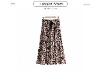 jinran Vintage Leopard Print Pleated Skirts Women Punk Rock Korean Skirt Streetwear Drawstring Elastic Waist Ladies Midi Skirt New