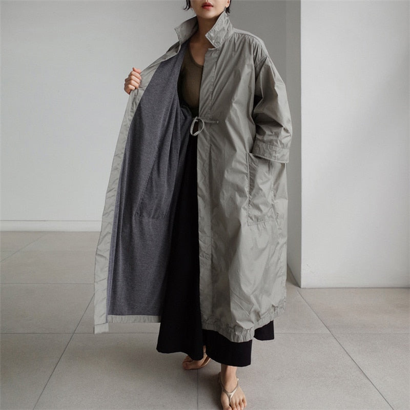 jinran Korean Solid Color  Long Jacket Women 2022 Autumn New Turn-down Collar Bandage Cotton Trench Coat For Women