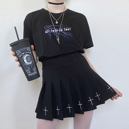 jinran Dark Goth Skirt Women Summer High Waist Harajuku Pleated Mini Skirts Vintage Gothic Punk White Black Skirts Korean A-line Skirts