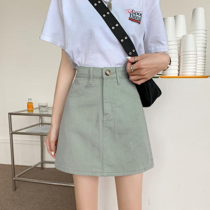 jinran Women Casual Denim Skirt Summer High Waist Korean Harajuku A Line Skirts Elegant Vintage Y2K Jeans Mini Skirt Preppy Style