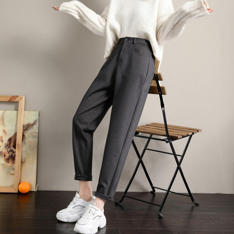 jinran New Fashion Korean Woolen Harlan Loose Daddy Pants Women'S 2022 Autumn And Winter Leisure High Waist Nine Point Radish Trousers