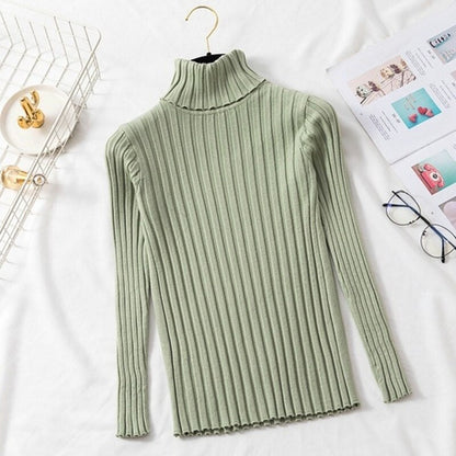 jinran Autumn Winter Jumper Turtleneck Sweater Knitted New Green Women Sweater Pullover Long Sleeve Slim Striped Vintage Sweaters 16220