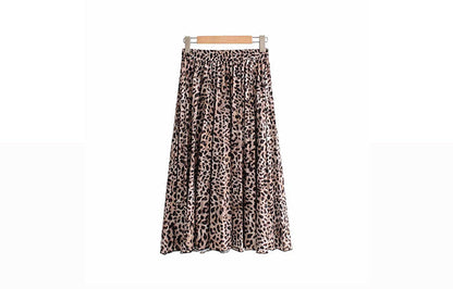 jinran Vintage Leopard Print Pleated Skirts Women Punk Rock Korean Skirt Streetwear Drawstring Elastic Waist Ladies Midi Skirt New
