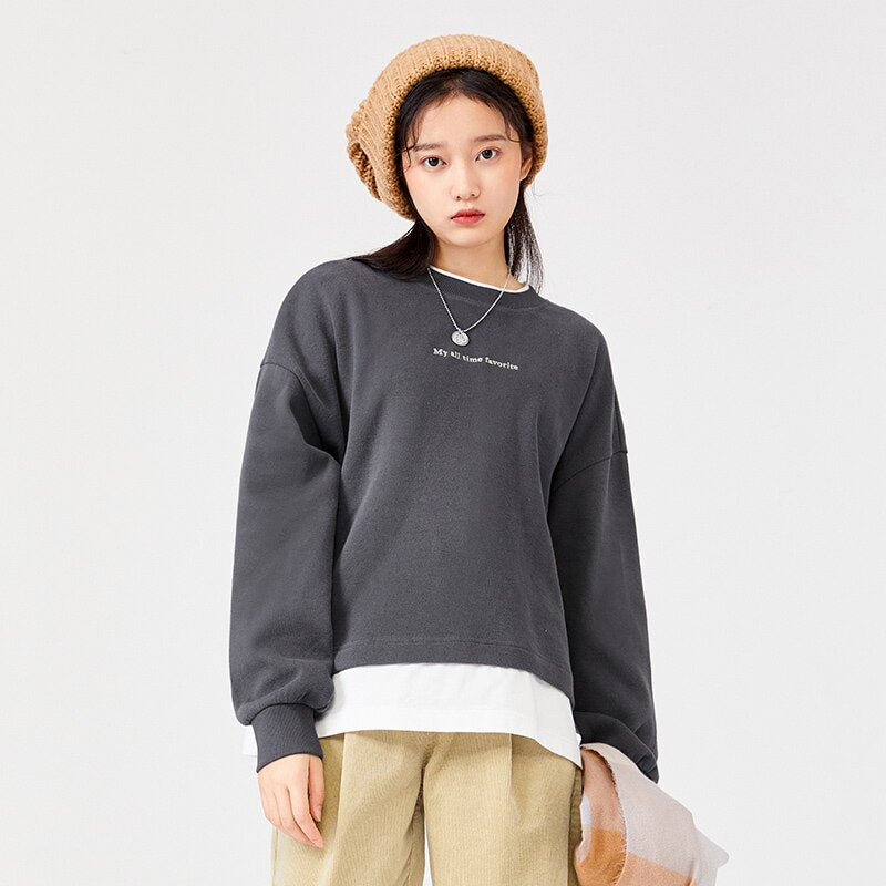 jinran Sweatshirt Women Fake Two-Piece Contrast Tops 2021 Winter New Oversize Embroidery Letters Simple And Versatile