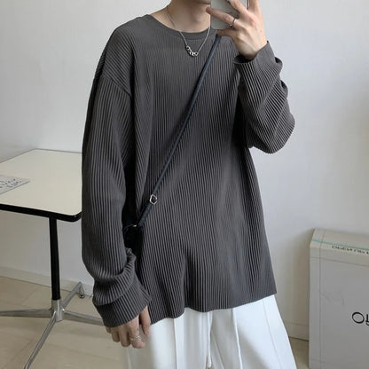 Summer Pleated T Shirt Men's Fashion Solid Color Casual Long-sleeved T-shirt Men Korean Loose Oversize Ice Silk Tshirt Mens Tops