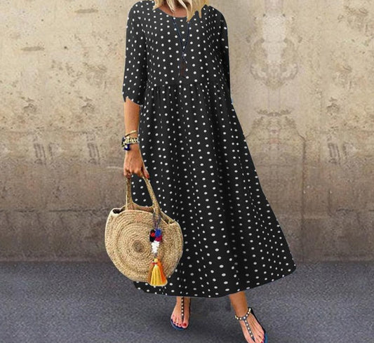 jinran Summer Fashion Bohemian Dress Women 3/4 Sleeve Polka Dot Printed Party Maxi Sundress Vestidos Female Tunic Robe