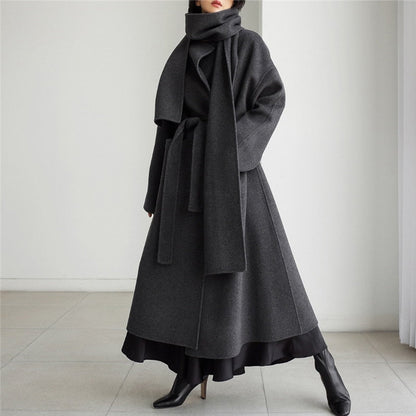 jinran New Bandage Wool Coat Women 2022 Winter Korean Loose Solid Color Neckerchief Female Coats