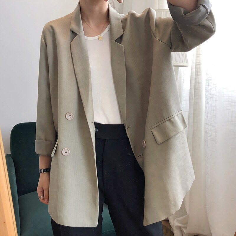 jinran New Fashion All Match Turn-down Collar 2022 Autumn Women Jackets Casual Double Breasted Button Loose Solid Color Coats