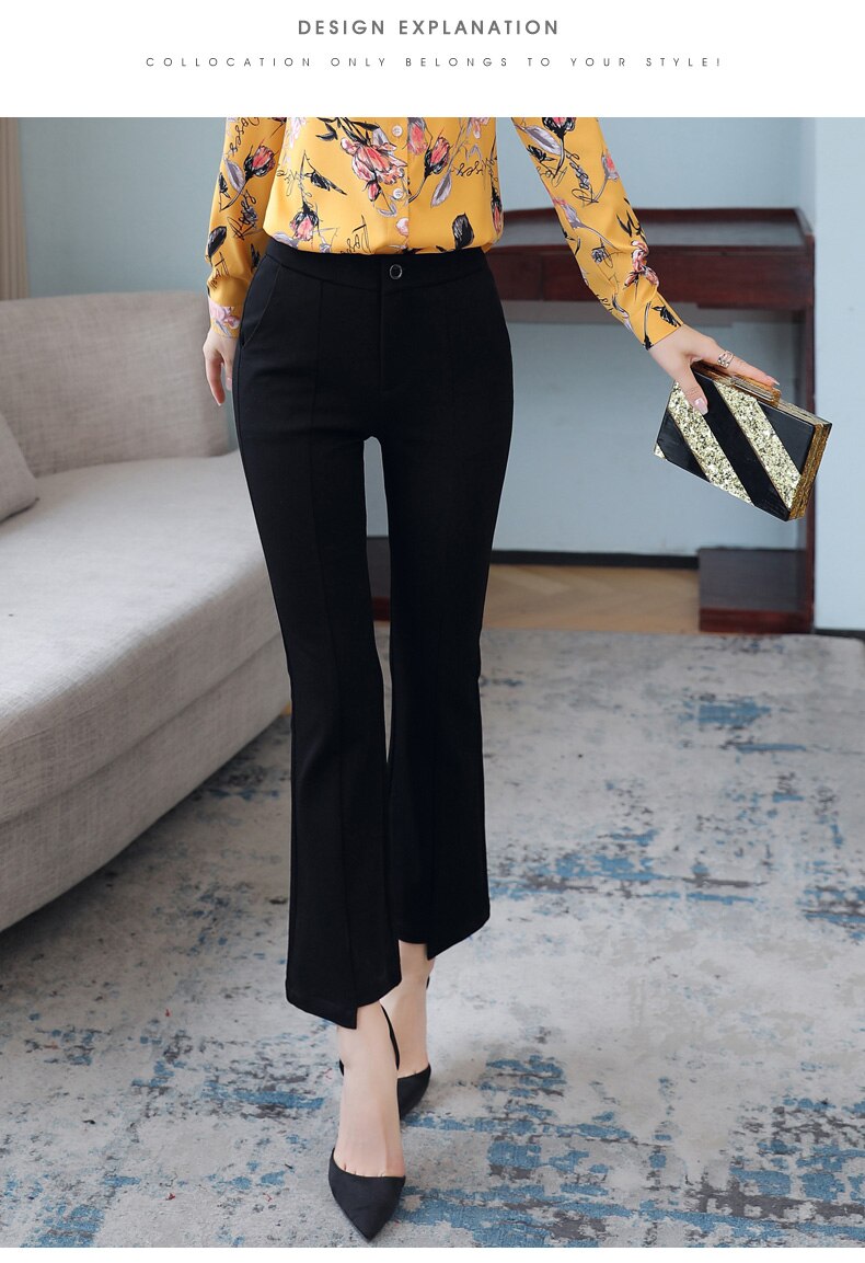 jinran New Korean Spring Autumn Trend Black 9-Point Pants Women'S High Waist Slim Casual Fit Versatile Drop Sense Micro Bell Trousers