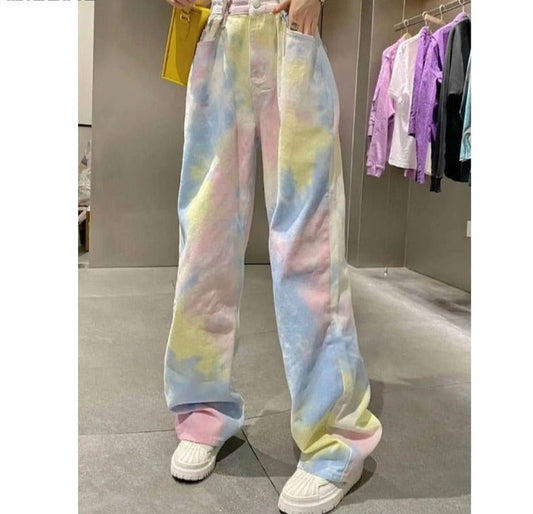 jinran Retro Jeans for Women High Waist Female Tie Dye Hip hop Wide Leg Denim Jeans Streetwear Women Loose Denim Trousers New