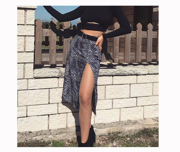 jinran Elegant Split Long Skirts Vintage Leopard Floral Print High Waist A Line Skirts Office Lady Casual Bodycon Midi Skirt