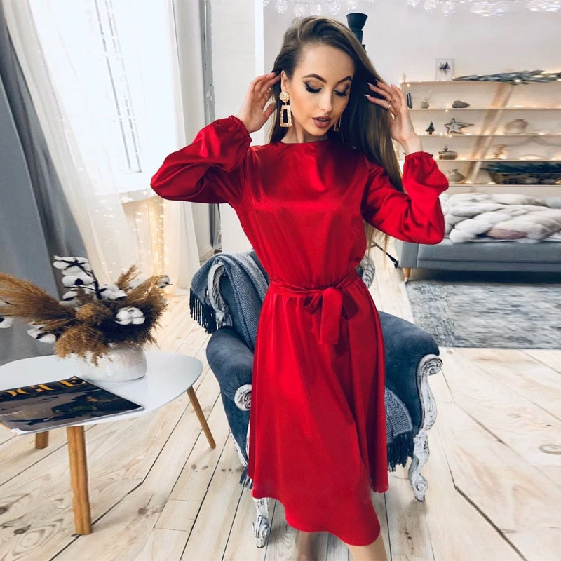 jinran Casual O-Neck Satin Party Dress Women Lantern Sleeve Sashes A-Line Knee-Length Dress New Fashion Holiiday