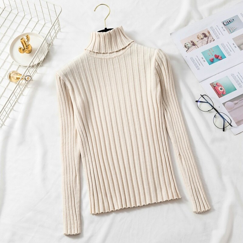 jinran Autumn Winter Jumper Turtleneck Sweater Knitted New Green Women Sweater Pullover Long Sleeve Slim Striped Vintage Sweaters 16220