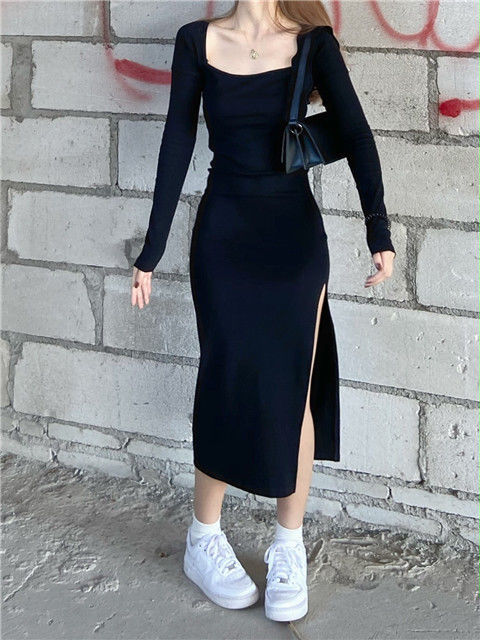 jinran Women Long Sleeve Dress Mid-calf Length Square Collar Black Sheath Retro Slim Sexy Vintage Side Slit Stretchy All-match Simple