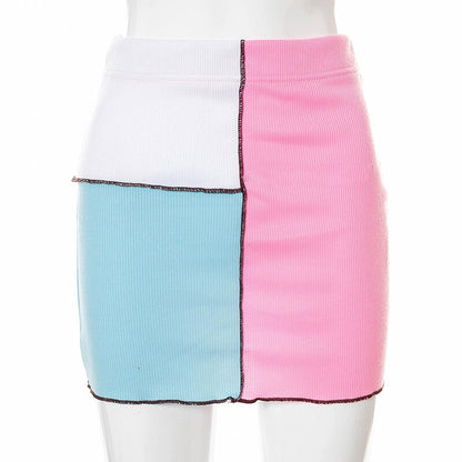 jinran Women Summer High Waist Hit Color Patchwork Mini Skirt Casual Ribbed Color Block Elegant Chic Slim Skirt Vintage Y2K Short Skirt