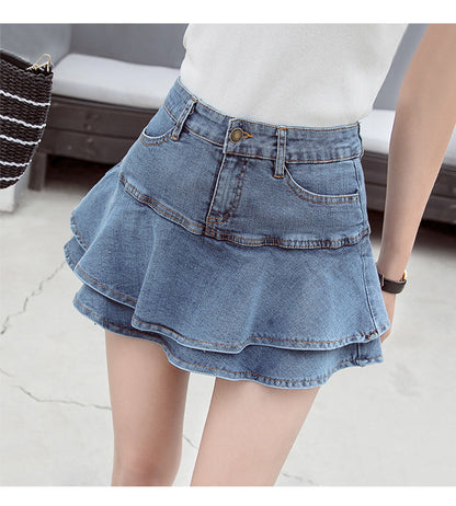 jinran 2022 Summer Low Waist A Line Denim Skirt Women Sexy Pleated Mini Jeans Skirts Korean Style Casual Ruffles Wild Skirt Shorts