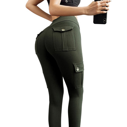 jinran New Women Leggings Withe Pocket Solid High Waist Push Up Polyester Workout Leggings Cargo Pants Casual Hip Pop Pants Fitness