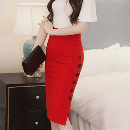 jinran New Women Elegant Slim Pencil Skirts High Waist Ladies Skirt Side Split Button Office Ladies Bodycon Fitted Skirts