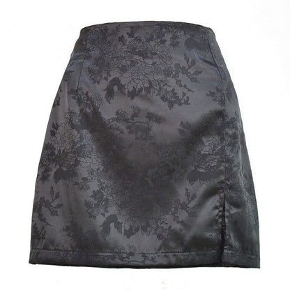 jinran Women Summer Elegant Jacquard Satin Skirt Sexy High Waist Mini Skirt Vintage Zipper Pencil skirt with side Slit Y2K 2000s 90s