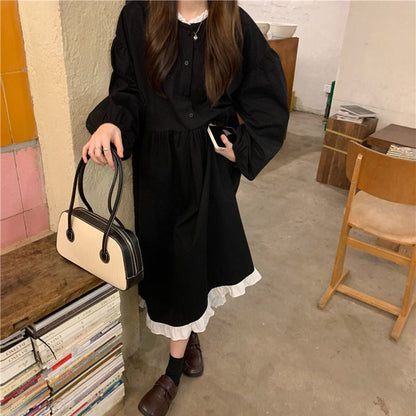 jinran Patchwork Dresses Women Loose Button Students Leisure Long Sleeve Mid-calf Ulzzang Hipster High Quality Females Daily Autumn New