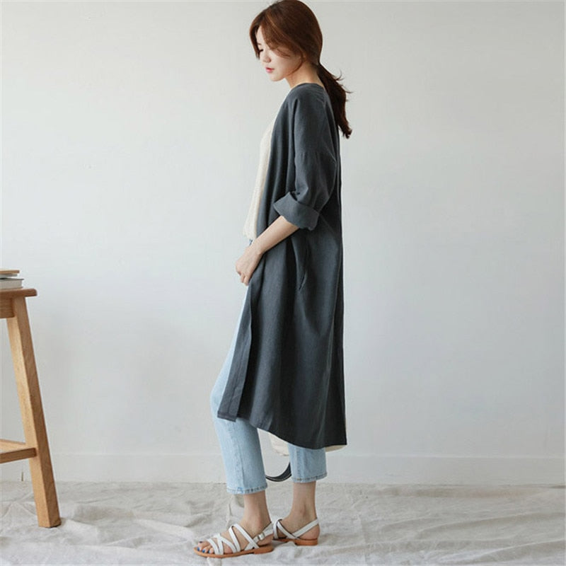 jinran 2022 Summer New Solid Color Linen Long Sunscreen Cardigan Trench Casual All Match Loose Full Sleeve Women Coats