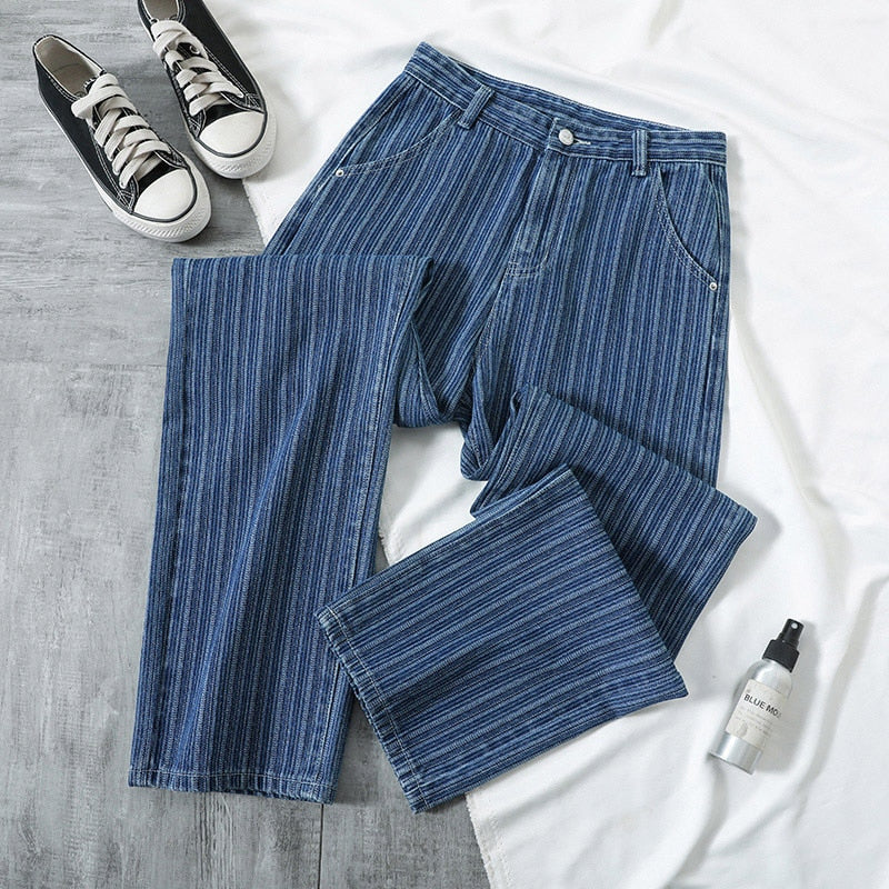 jinran Jacquard Blue Women Pants 2022 New Casual Striped Retro Basic Straight Loose Plus Size Jeans Y2K Fashion Trendy Ladies Trousers