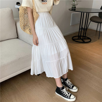 jinran Women High Waist Elegant Wild A Line Cake Skirts Summer Korean Solid White Black Chiffon Shirts Beach Vacation Midi Shirts