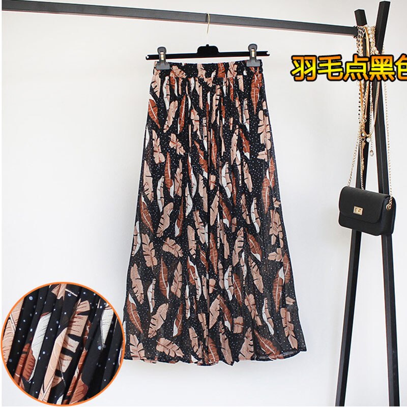 jinran Women Summer Boho Chiffon Long Skirt Elegant Floral Print Pleated Skirts Elastic High Waist Casual Midi Skirt Women Clothes 2021