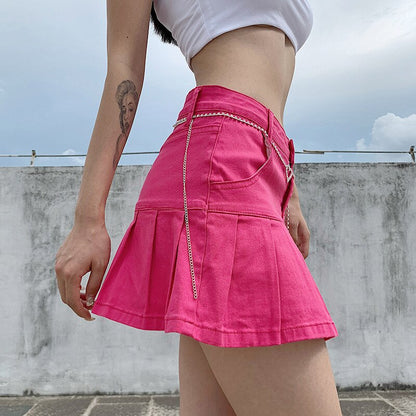 jinran Women High Waist Denim Skirt Women Summer Korean Harajuku Ruffles Jeans Skirt Shorts Punk Y2K Mini Pleated Skirt Streetwear