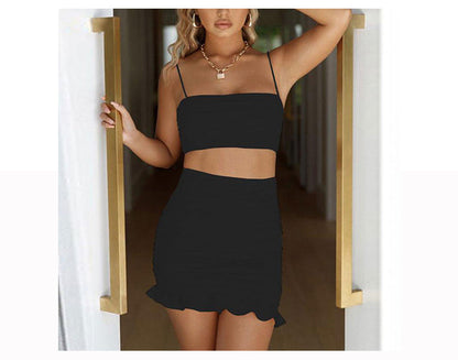 jinran Women Summer Sexy Backless Strapless Pleated Tank Top And High Waist Skim Ruffles Two Piece Sets Solid Party Club