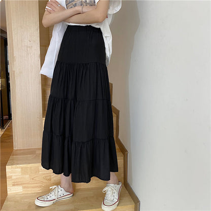 jinran Women High Waist Elegant Wild A Line Cake Skirts Summer Korean Solid White Black Chiffon Shirts Beach Vacation Midi Shirts