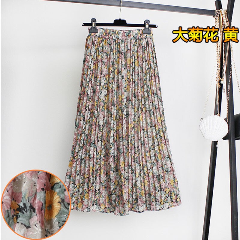 jinran Women Summer Boho Chiffon Long Skirt Elegant Floral Print Pleated Skirts Elastic High Waist Casual Midi Skirt Women Clothes 2021