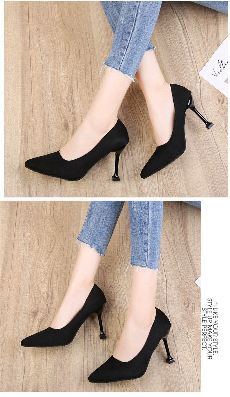 jinran 5/7/9cm Comfort High Heels Ladies Work Shoes New Autumn Black Flock Shallow Wild Women Pumps Pointy Toe Dress Office Shoes Woman