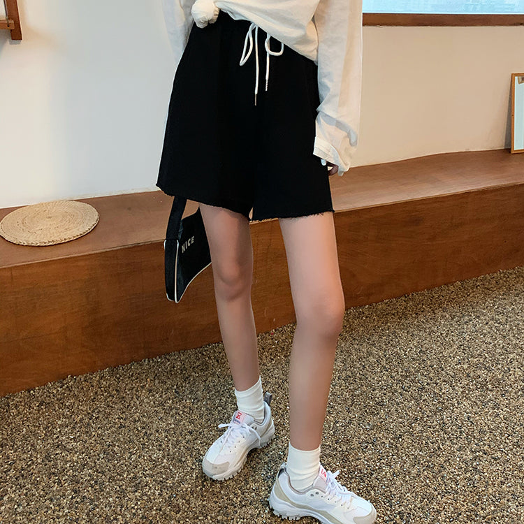 jinran Summer New Loose High Waist Slim Sports Shorts Women Korean Style Casual Wide-leg Short Female Drawstring Black Shorts OL