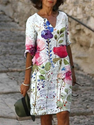 jinran Women Elegant Dress Summer Fashion Loose V-Neck Half Sleeve A-Line Dress Sundress Female Vintage Print Midi Dresses Vestidos